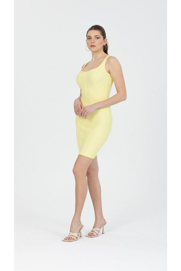 Açık Sarı Ottoman Dar Kalıp Mini Elbise - 3