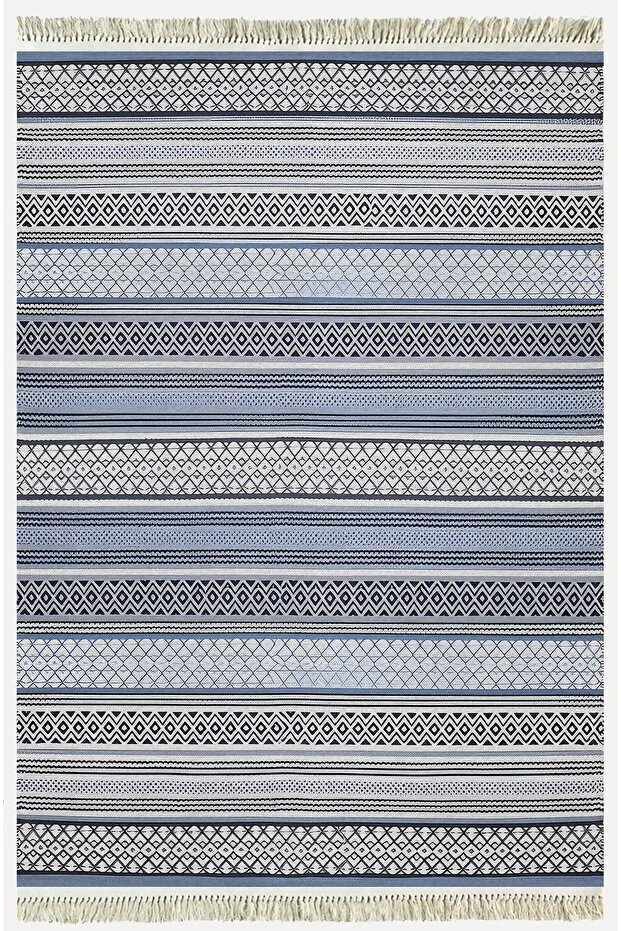 Cotton Rug 9 Blue Tone Geometric Patterned Decorative Washable Woven Base Rug