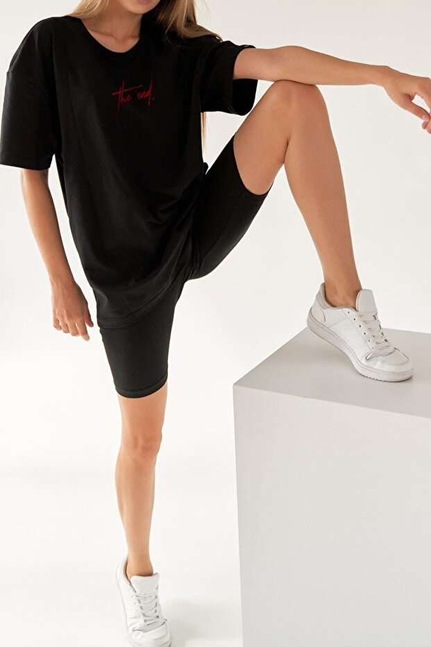 Oversize The End Baskılı Siyah Tshirt Unisex - 5