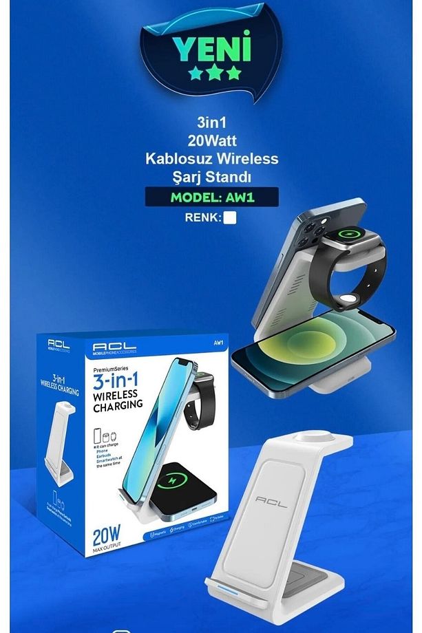 Aw1 - 20w Iphone Watch / Android 3in1 Kablosuz Wireless Şarjlı Standı - 1
