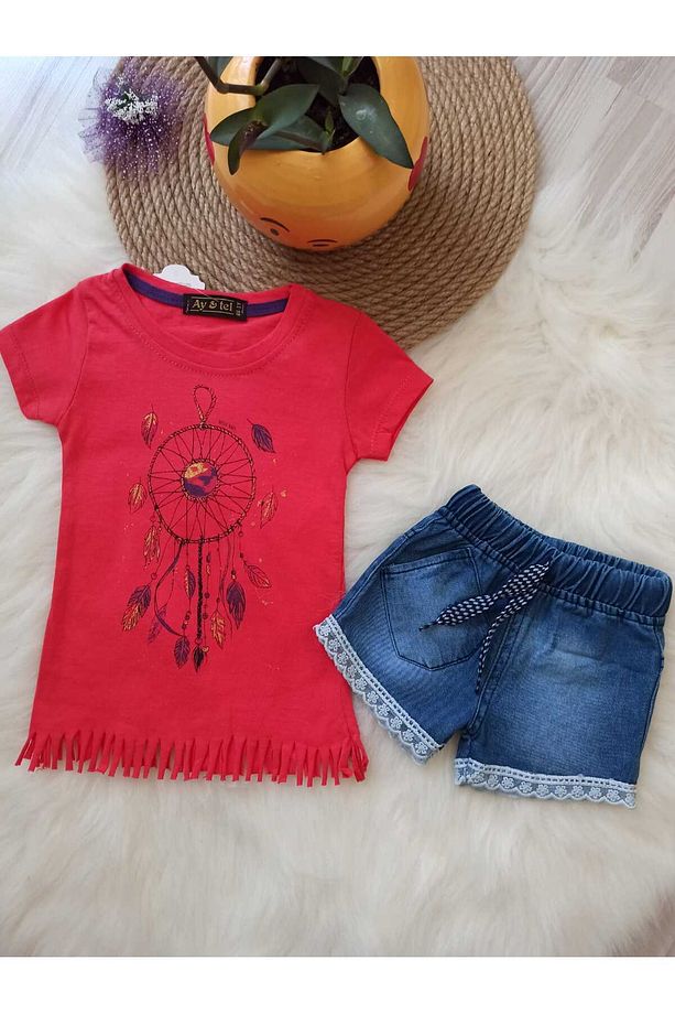 eteği  püsküllü dantelli mini kot şort+tişört kız takım mercan - 1
