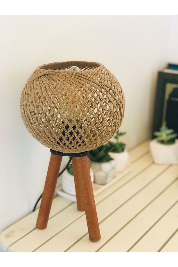 Ahşap 2 ADET Ahşap Üç Ayaklı Abajur Jüt Top Başlıklı Aydınlatma E27 Tripod Haki 31-45 cm 1 - 2