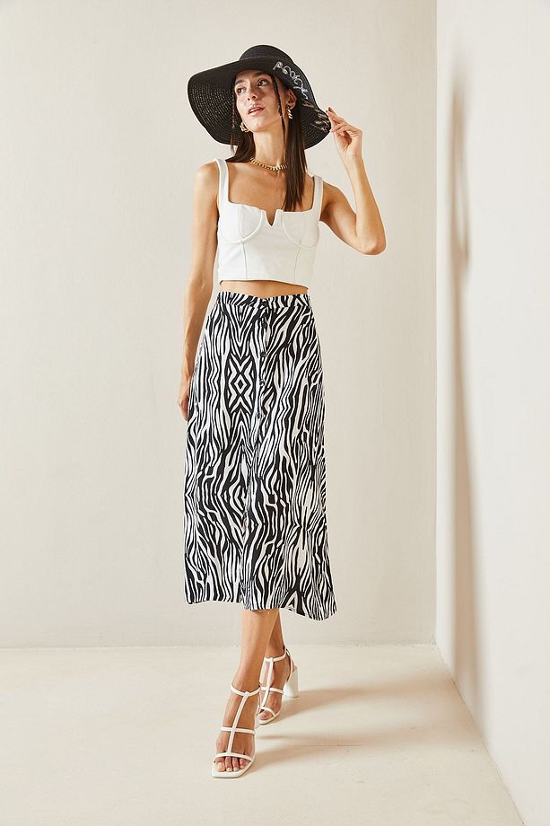 Siyah Zebra Desenli Düğmeli Midi Etek 5YXK7-48825-02 - 2