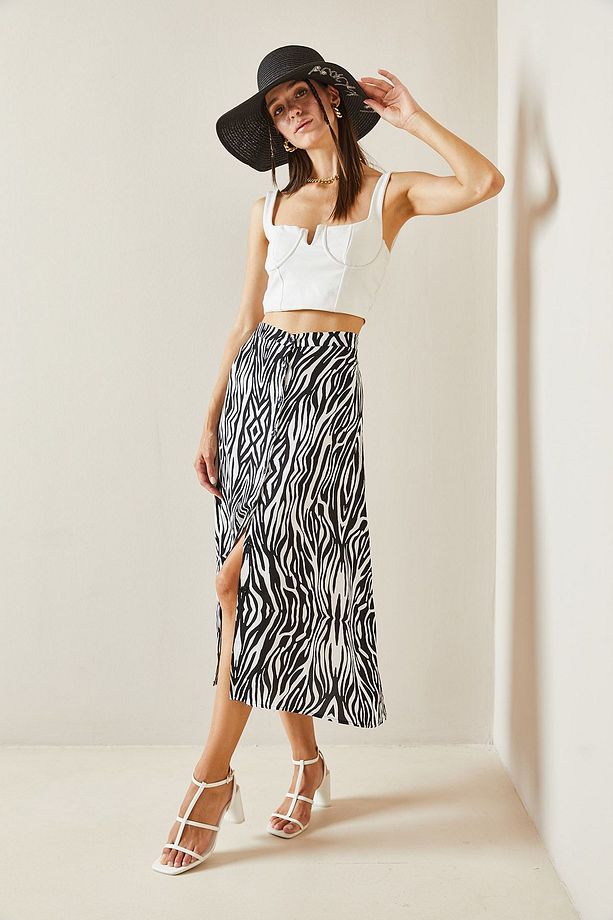 Siyah Zebra Desenli Düğmeli Midi Etek 5YXK7-48825-02 - 4