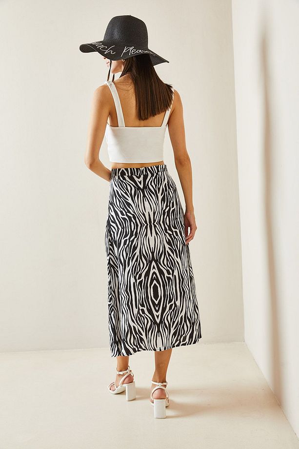 Siyah Zebra Desenli Düğmeli Midi Etek 5YXK7-48825-02 - 6
