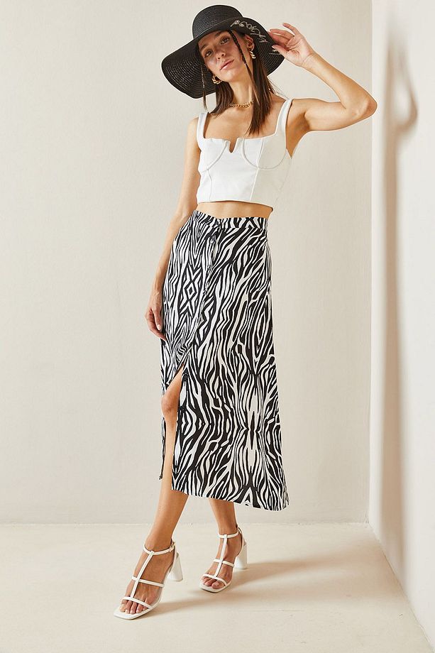 Siyah Zebra Desenli Düğmeli Midi Etek 5YXK7-48825-02 - 1