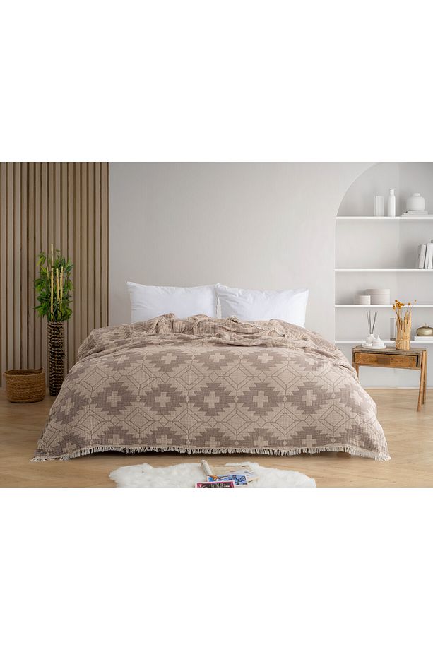 4 Kat Müslin Yatak Örtüsü Pike, %100 Pamuk, Yumuşak Doku, Kilim Desenli, Çift Kişilik Pike - 1