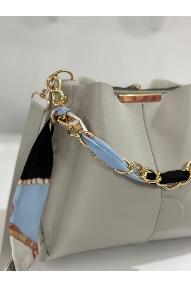 Women's Soft Leather 3-Compartment Handbag, Shoulder Bag with Scarf and Chain Accessories