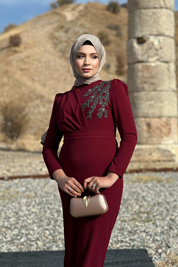 Orkide Abiye - Bordo - 3