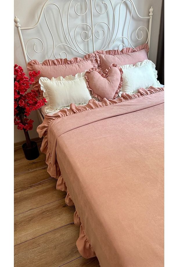 Fırfırlı Pudra Pembe Yatak Örtüsü Seti Tek Kişilik - 5