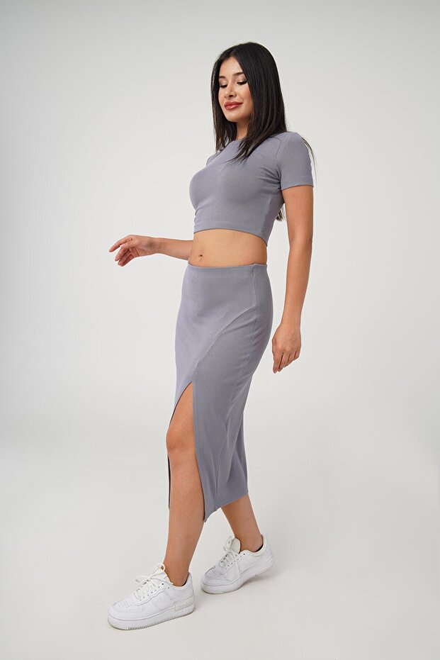 Slit Skirt Crop Basic Gray Double Set - 1