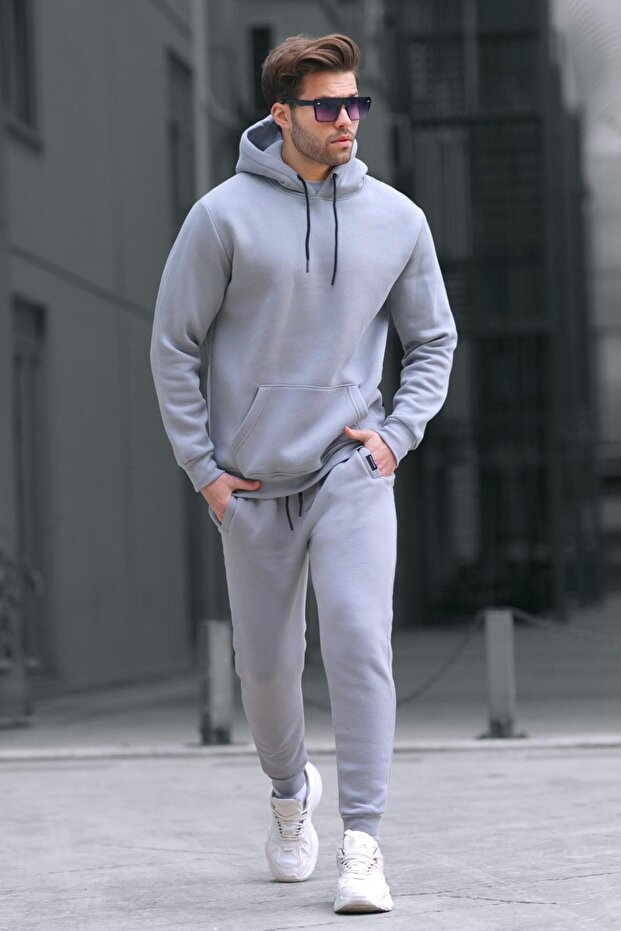 Gray Hooded Basic Tracksuit Set - 1