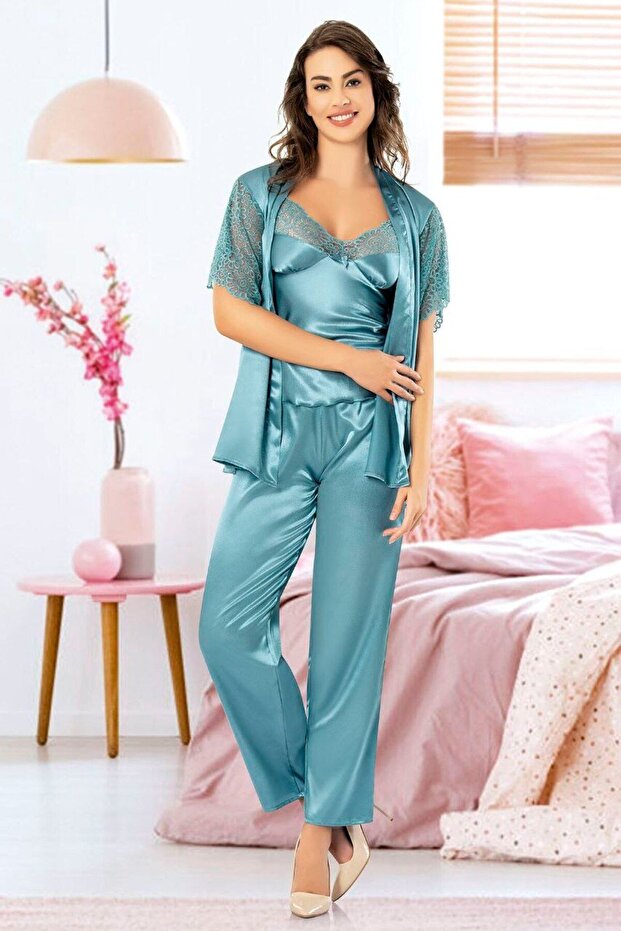 4909 Women's Lace Detailed Satin Dressing Gown with String Straps Pajama Set - Blue