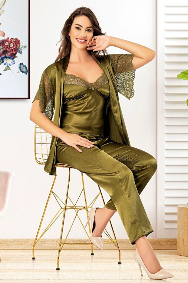 Satin Lace Detailed 3-Piece Pajamas Set with Dressing Gown 4908 Khaki Green