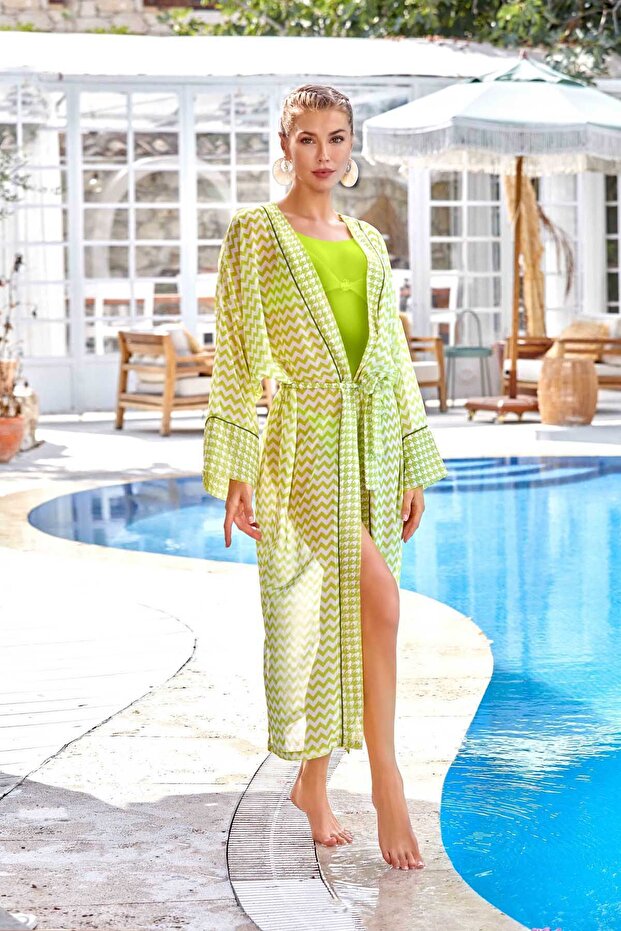 Single Pareo Kaftan over Swimsuit Leysa Nady 6129 Neon Green