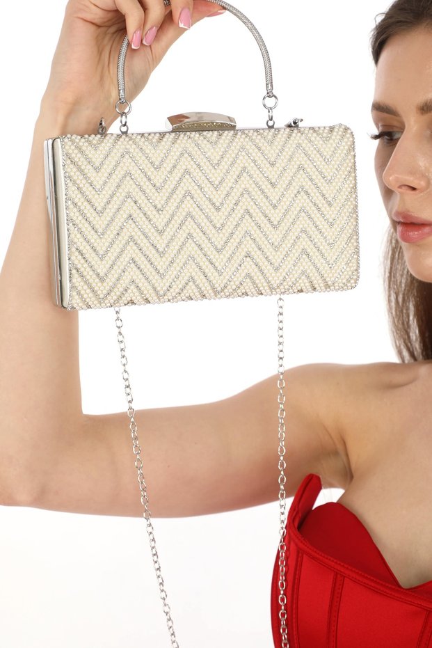 Women's Pearl and Zigzag Embellished Embellished Evening Clutch Portfolio Handbag for Wedding and Engagement 357