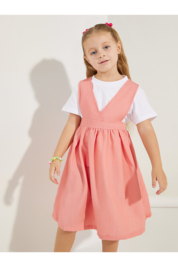 Solid V Neck Pinafore Dress - 2
