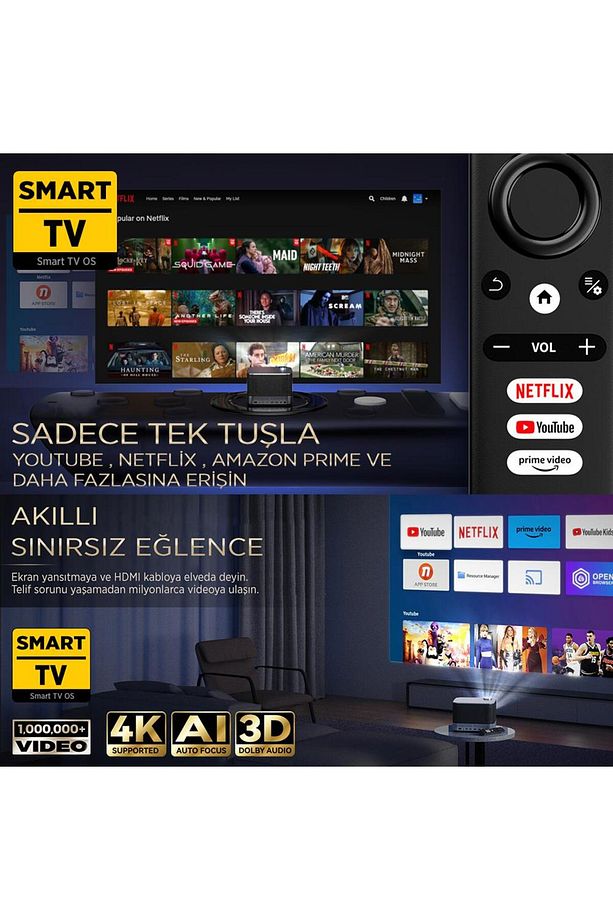Aurzen Boom 3 4K Android Projeksiyon Cihazı + Auto Focus + Auto Keystone + 6G WiFi + 5.2 Bluetooth + - 3