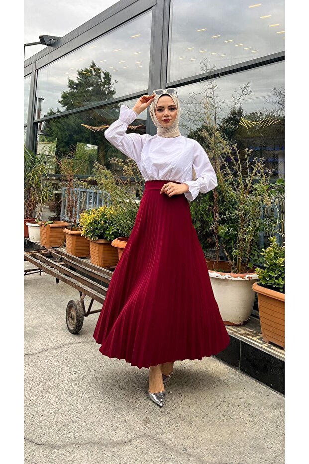 Pleated Flared Fit,(S-M-L-XL---36-48 SIZE RANGE), Claret Red Skuba Crepe Skirt