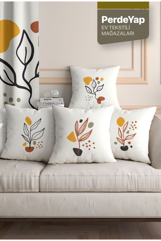 4-Piece Digital Printed Throw Pillow Cover with Surrealist Leaves Pattern on Cream Background 43 X 43 cm 048
