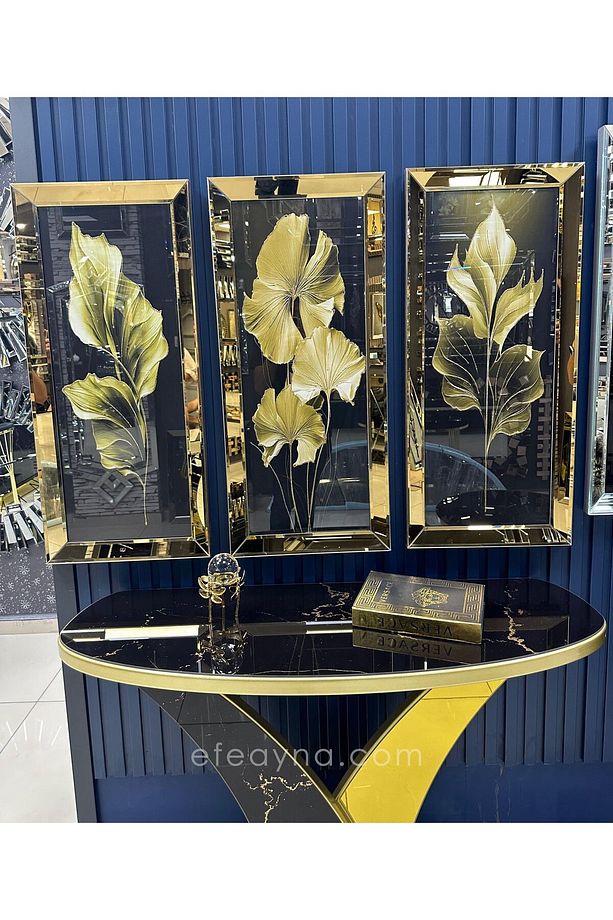YAPRAK- 3'LÜ GOLD AYNA TABLO SETİ-40x90cm  (40x90cm  x 3adet tablo ) - 1
