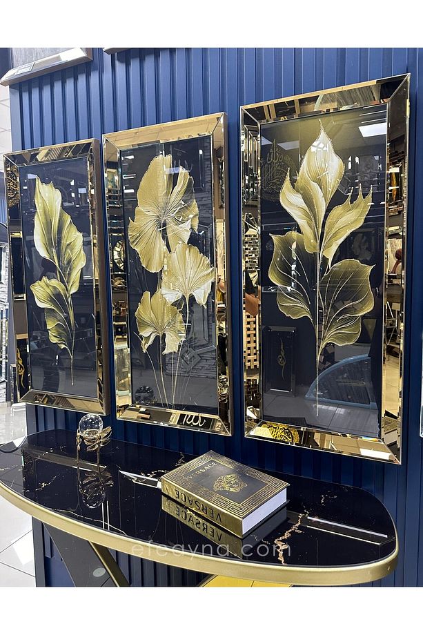 YAPRAK- 3'LÜ GOLD AYNA TABLO SETİ-40x90cm  (40x90cm  x 3adet tablo ) - 4