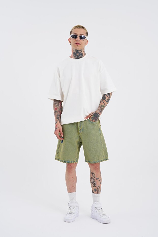 Erkek Basic Yeşil Jean Şort - 6