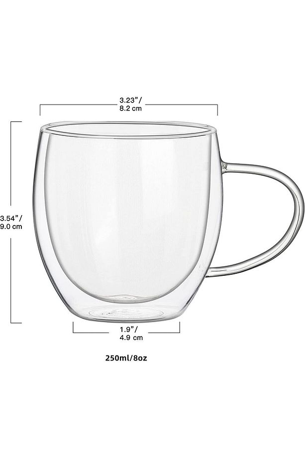 4 Adet Çift Cidarlı 250 Ml Kulplu Cam Çay Kahve Süt Kupa,  Borosilikat Bardak - 6