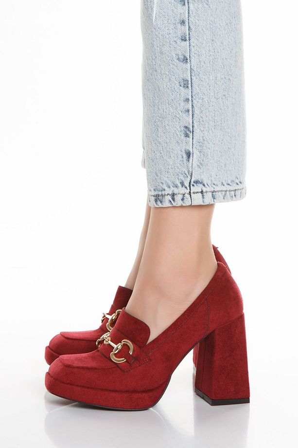 Yüksek Topuklu Önü Tokalı Süet Platform Taban Bordo Loafer Ayakkabı - 3