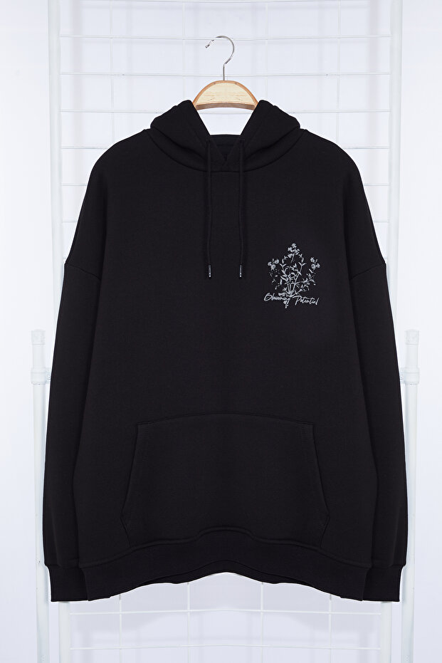 Siyah Oversize/Geniş Kesim Kapüşonlu Çiçek Baskılı İçi Polar/Sıcak Tutan Sweatshirt TMNAW24SW00100 - 7