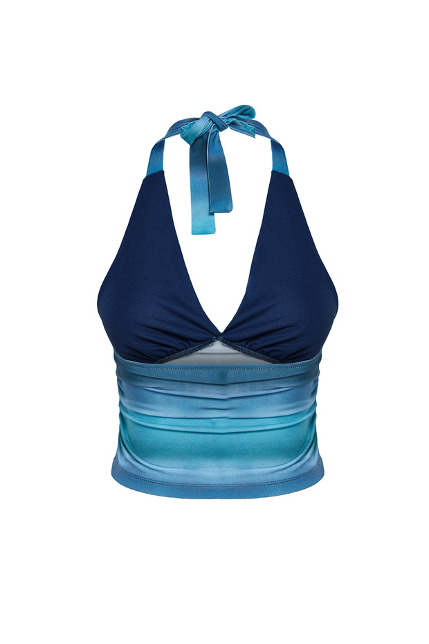 Indigo Boyundan Bağlamalı Vücuda Oturan Esnek Crop Örme Bluz TWOSS24BZ00061 - 10