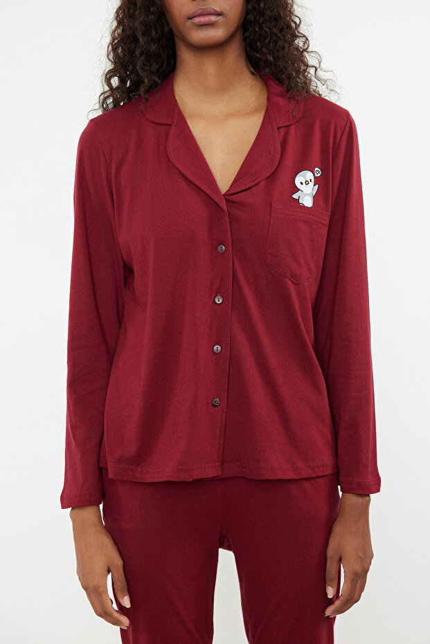 Bordo %100 Pamuklu Penguen Baskılı Örme Pijama Takımı THMAW23PT00151 - 3