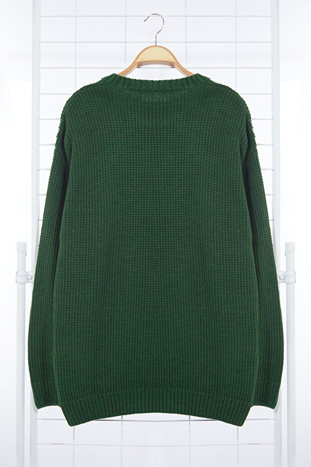 Haki Oversize Bisiklet Yaka Dokulu Triko Kazak TMNAW24KZ00032 - 7