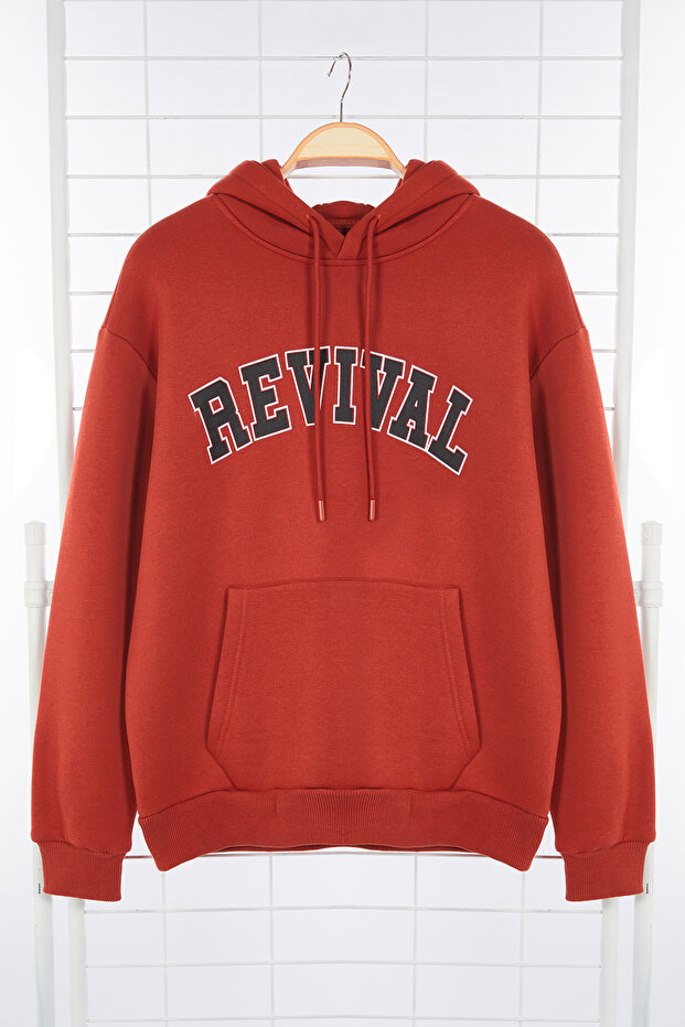 Kiremit Oversize/Geniş Kesim Kapüşonlu İçi Polar/Sıcak Tutan Pamuk Unisex Sweatshirt TMNAW22SW1462 - 6
