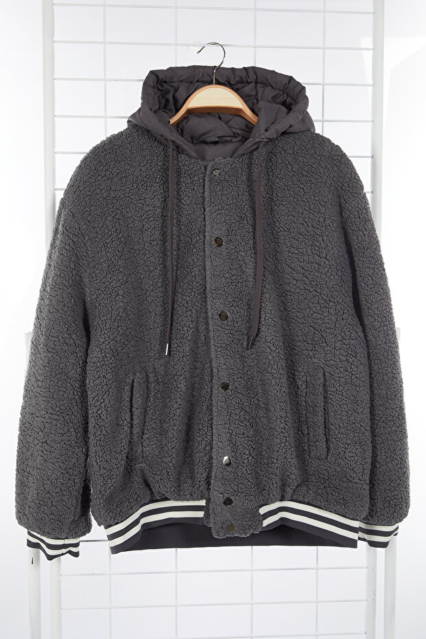 Antrasit Unisex Fit Lastik Detaylı Kapüşonlu Kışlık Mont TMNAW25MO00015 - 7