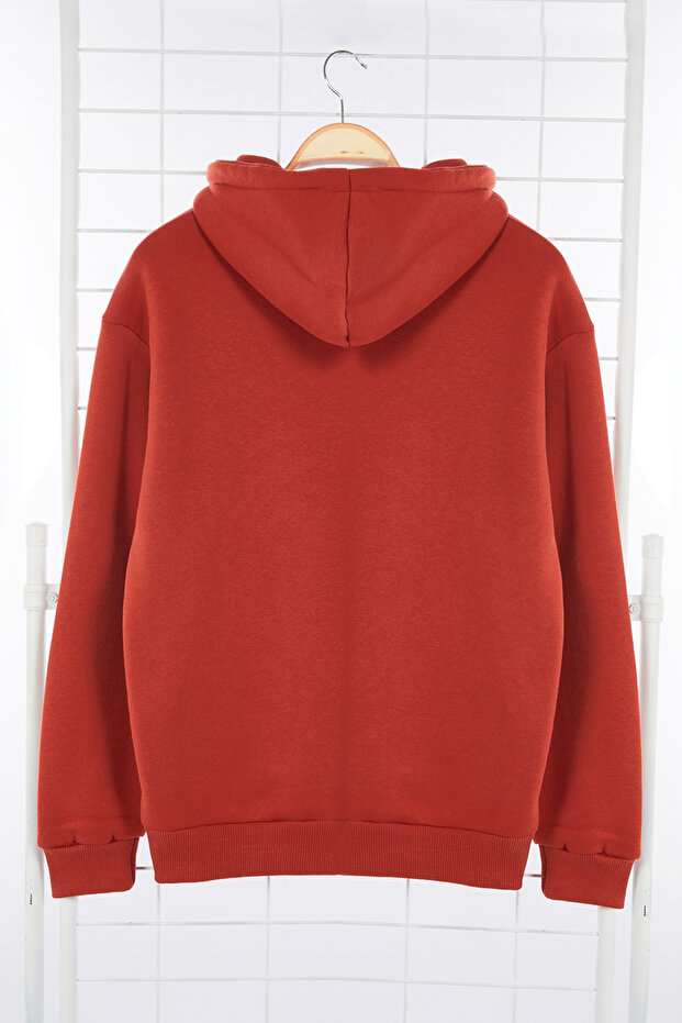 Kiremit Oversize/Geniş Kesim Kapüşonlu İçi Polar/Sıcak Tutan Pamuk Unisex Sweatshirt TMNAW22SW1462 - 7