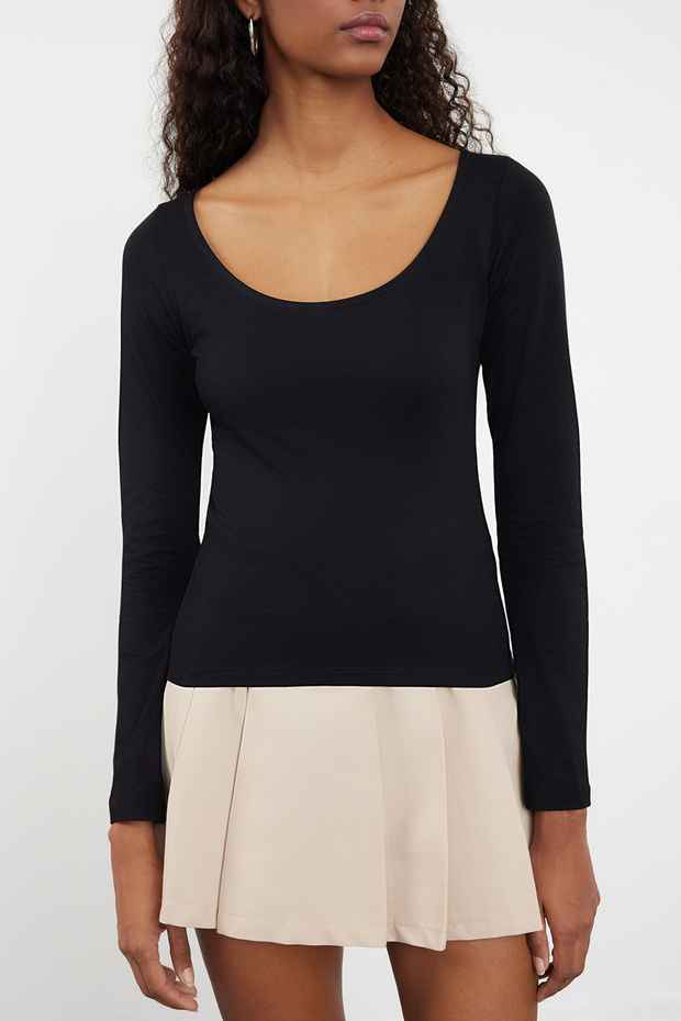 Siyah Havuz Yaka Fitted/Vücuda Oturan Örme Bluz TWOAW25BZ00025 - 3