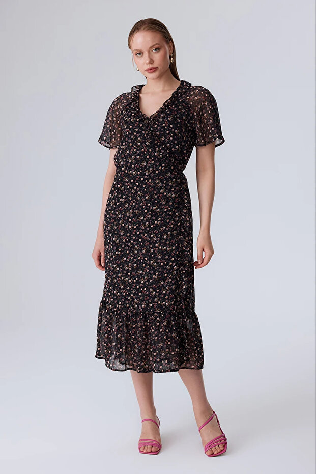 Black Long Chiffon Dress - Wrap Cut and Crispy Pattern