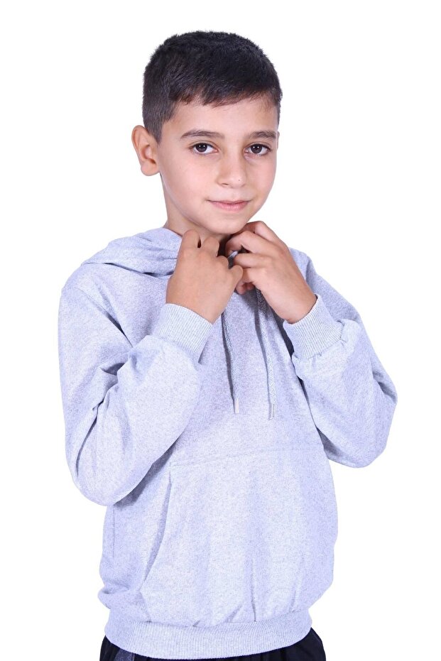 Plain Unisex Kids Kangaroo Pocket Hooded Gray Sweatshirt