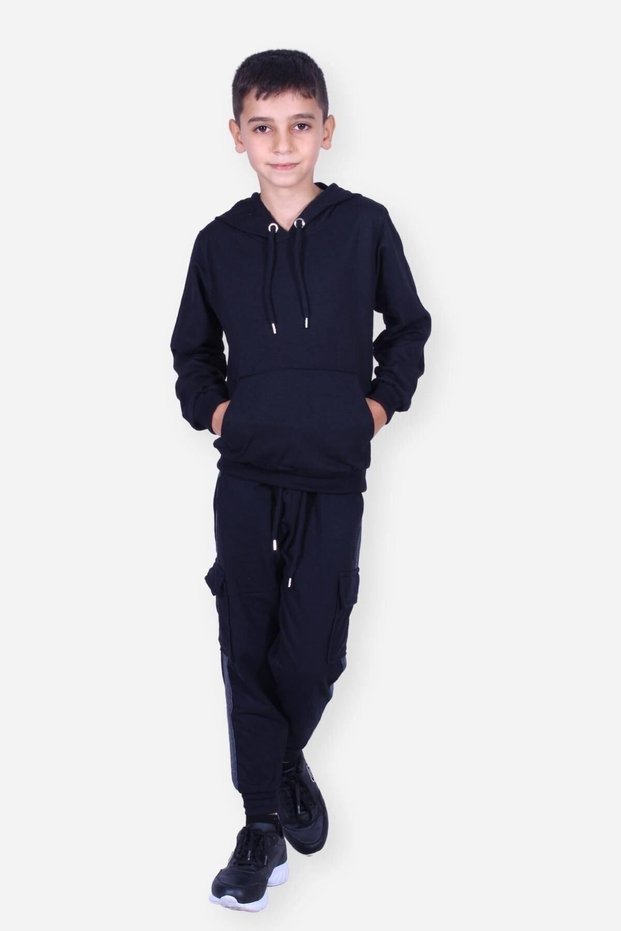 Flat Kangaroo Pocket Hoodie Cargo Pocket Boys Top-Top Set