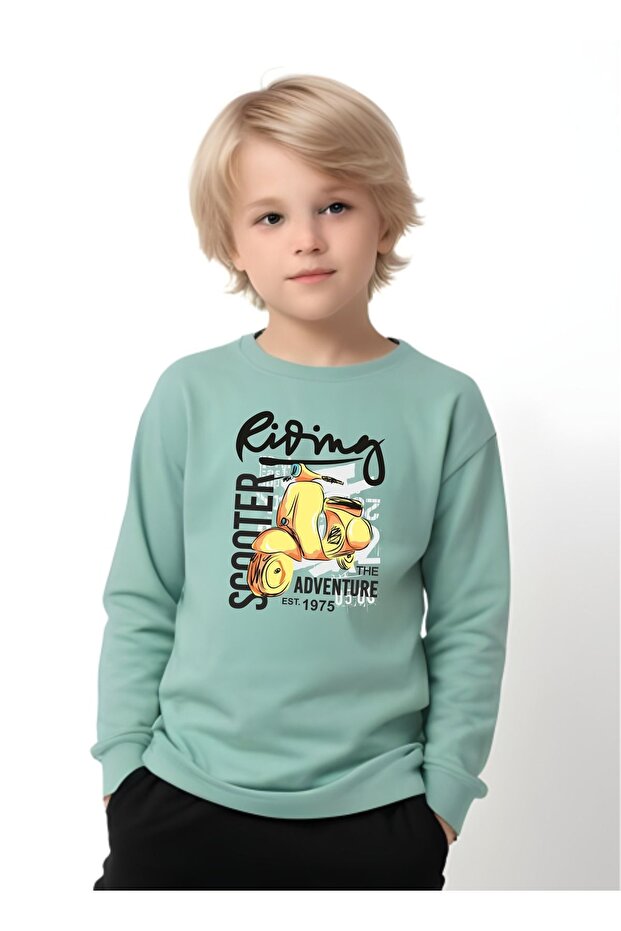Rising Printed Boy's Round Neck Mint Green Sweatshirt