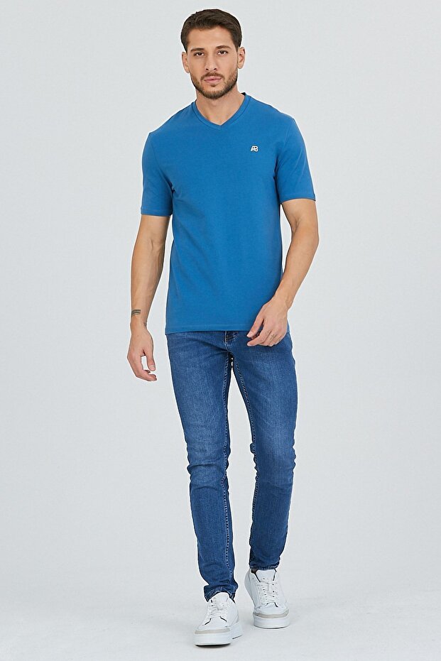 Petrol Blue V-Neck Cotton Slim Fit Men's Basic
