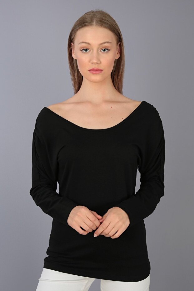 Black Back Detailed Gather Sleeve Blouse