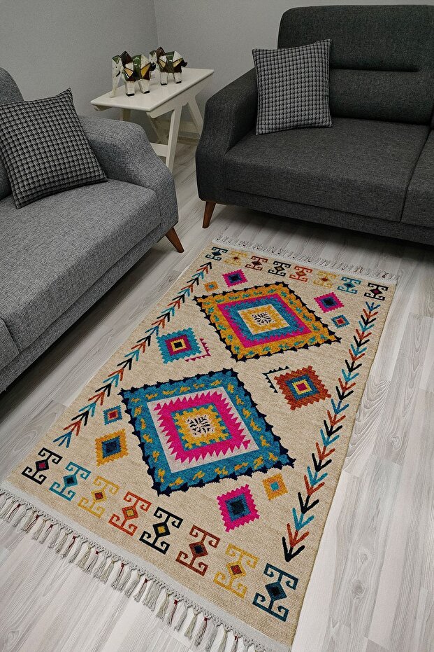 Cotton Series Authentic Ethnic Geometric Patterned Decorative Woven Base Rug in Multy Shades