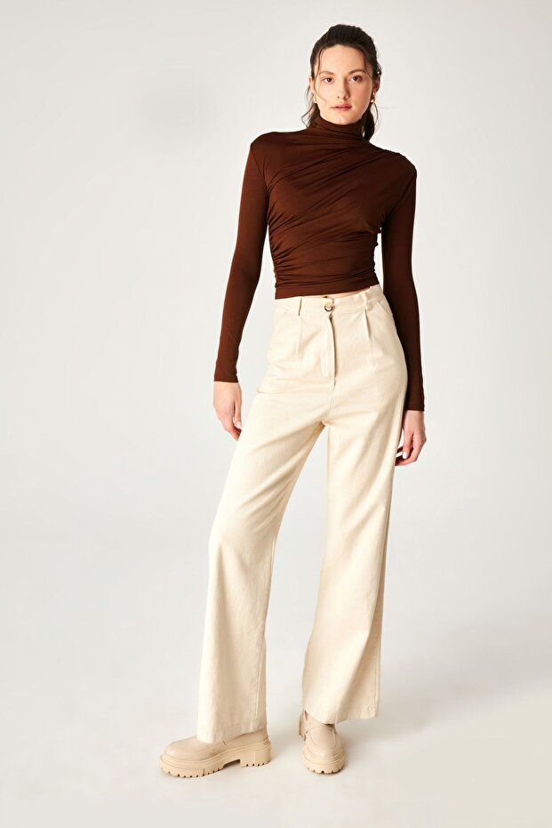 Brown Polyamide Stand Collar Draped Blouse
