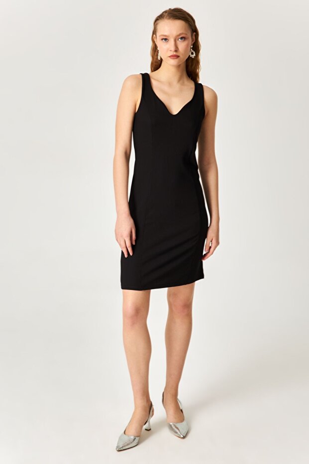 Black Ribbed Dress with Tape Strap