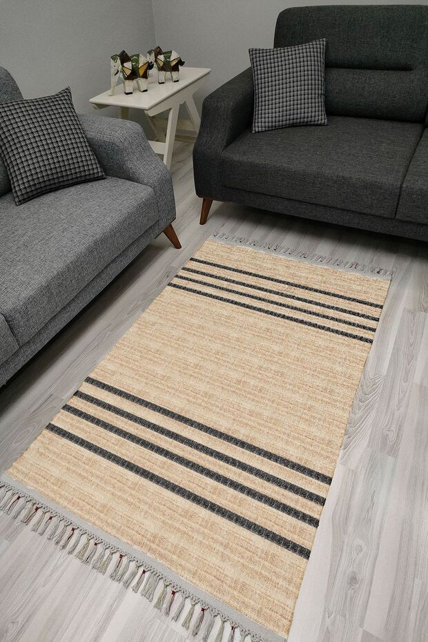 Cotton Series Decorative Woven Base Rug with Thin Border in Milk Brown and Dark Gray Tones