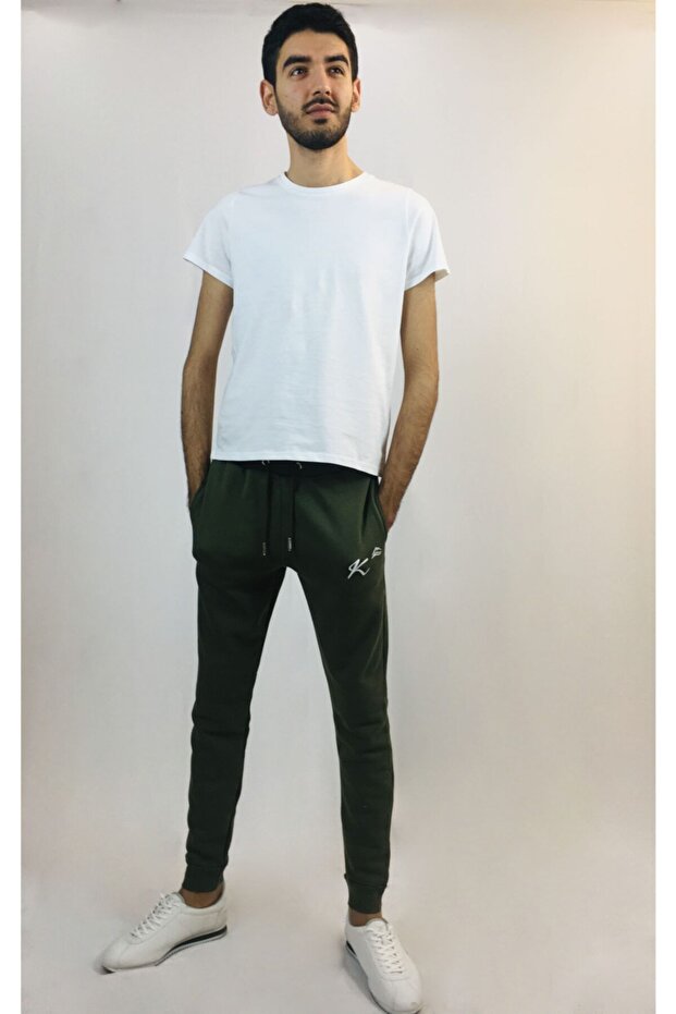 Khaki Embroidered Men's Trend 3 Thread Cotton Slim Fit Tracksuit Bottom