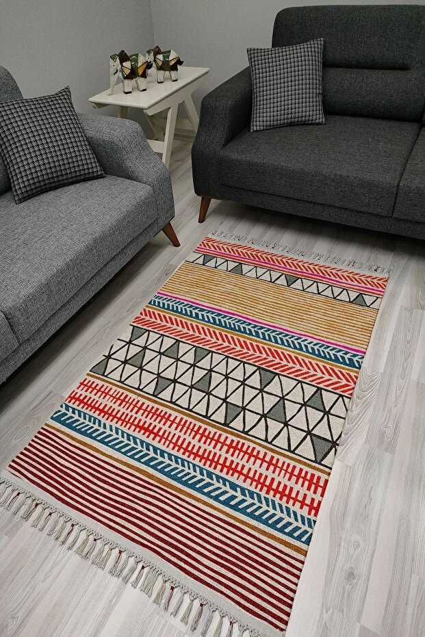 Cotton Series Multy Tones Antique Geometric Authentic Patterned Decorative Woven Base Rug