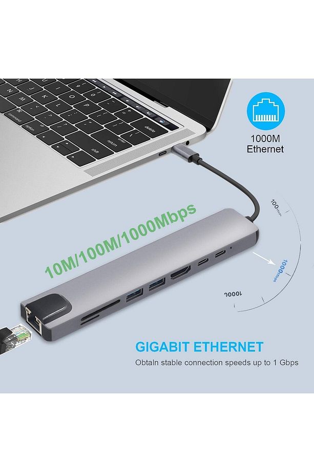 Usb Type-c Hub Dönüştürücü Çevirici Çoklayıcı Usb Hdmı Micro Sd TF PD RJ45 8 Girişli - 2